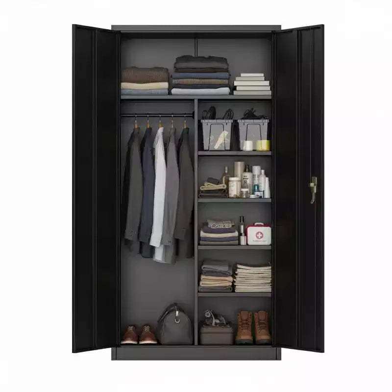 Storage Cabinet, Wardrobe with Locking Doors  Heavy Duty Steel Closet Organizer, Adjustable Shelves & Hanging Rod for Garage, Home, Office, Black