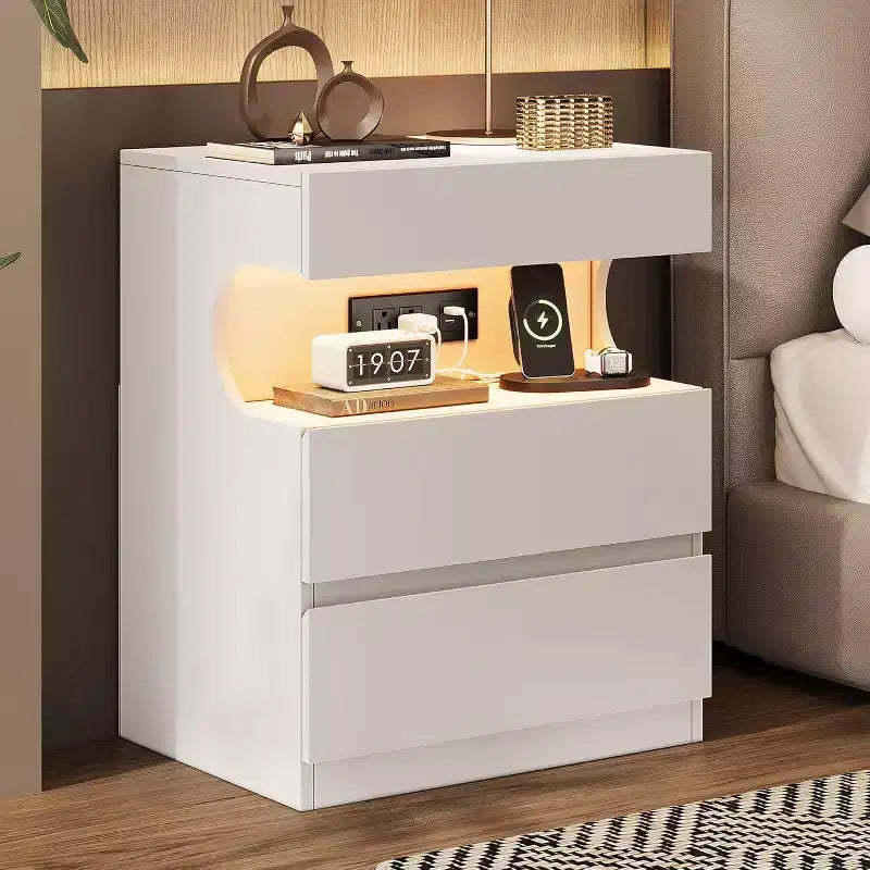 White Nightstand, Modern Bedside Table, 3 Drawer End Table, U-Shape Open Shelf, for Bedroom, Living room, Office