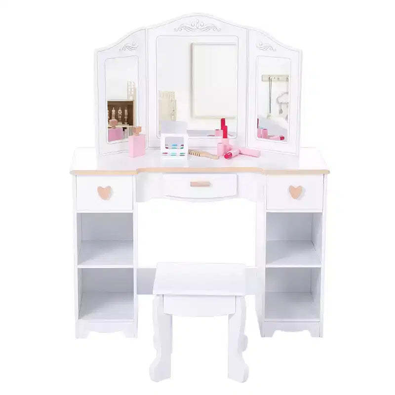 Kids Vanity, Princess Makeup Desk and Chair Set with Mirror Drawer Storage Shelves, Wooden Dressing Table, Pretend Play Vanity Set for Girls