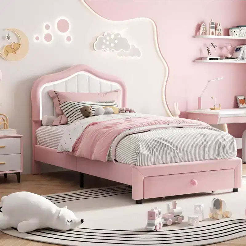 Twin Upholstered Bed Frame Storage Drawer Princess Style Soft HeadboardPink White