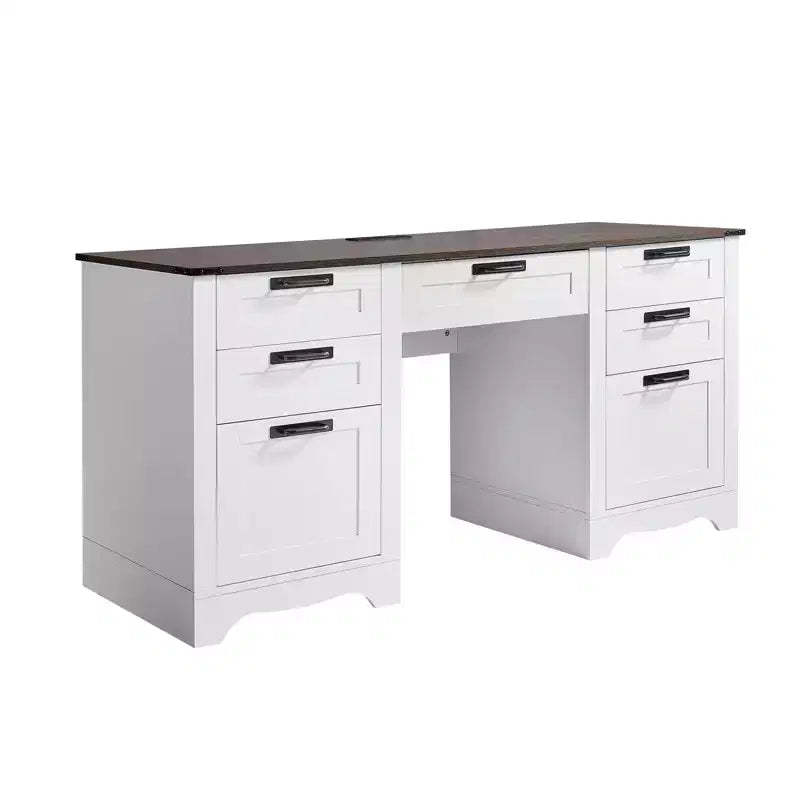 VEVOR Executive Desk, Farmhouse Office Table with Charging Station,Particle Board Executive Table with Storage Drawers, 200 LBS Load Capacity, Brown