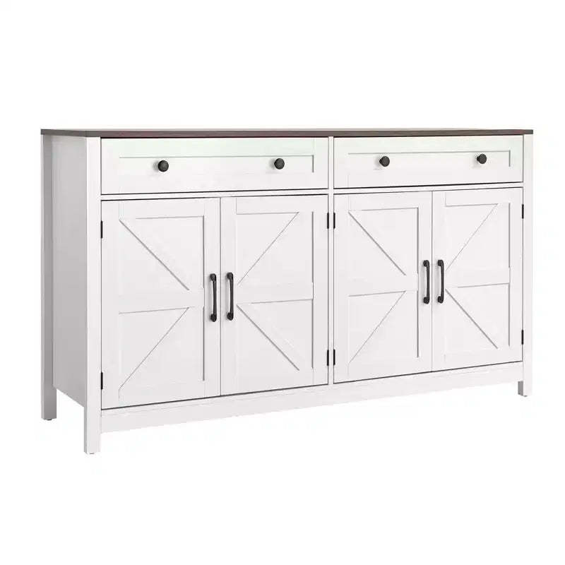 VEVOR Coffee Bar Cabinet, Farmhouse Coffee Bar Table with 2 Drawers, Buffet Stand Cabinet with 4 Barn Doors, 55.1 x 15.5 x 31.5 in, White