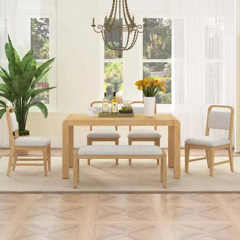 GDFStudio Betsy Vintage Extendable Dining Table Set for 4-6 with Upholstered Chairs and Bench