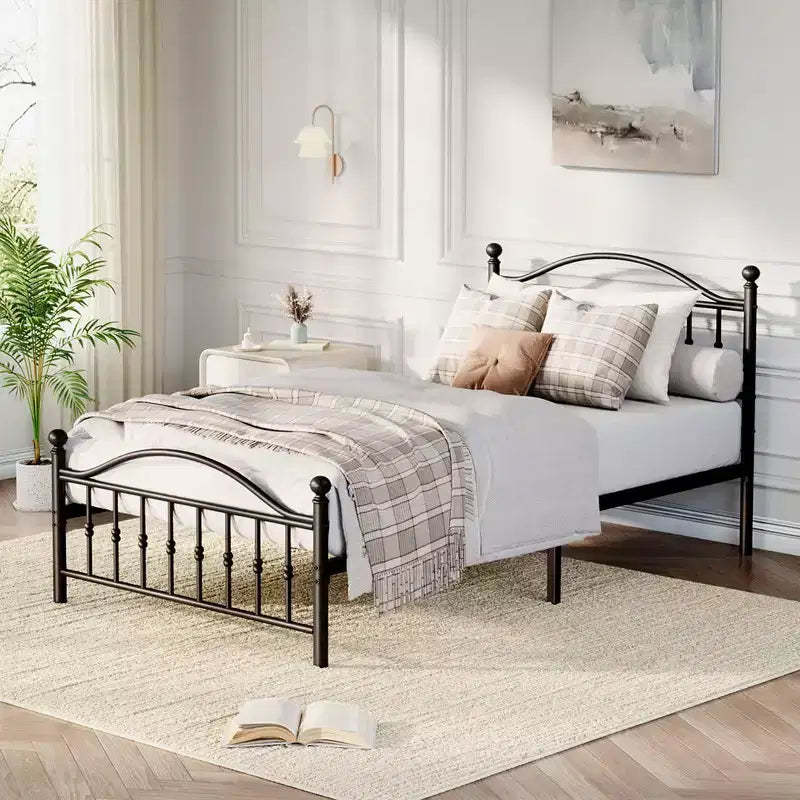 Coolmee Metal Bed Frame with Retro Round Headboard & Footboard, Sturdy Iron Construction, Noise-Free Design, No Box Spring Required