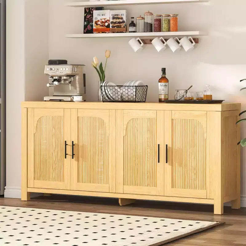 Buffet Cabinet, Sideboard with Storage  71 Modern Farmhouse Arched Fluted Design, 4 Doors with Cable Management & Adjustable Shelves, Light Oak