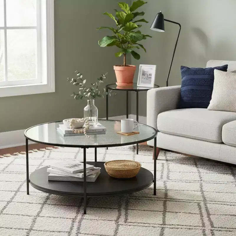 GDFStudio Carson Modern 2-Piece Metal Round Coffee Table and End Table Set with Glass Top