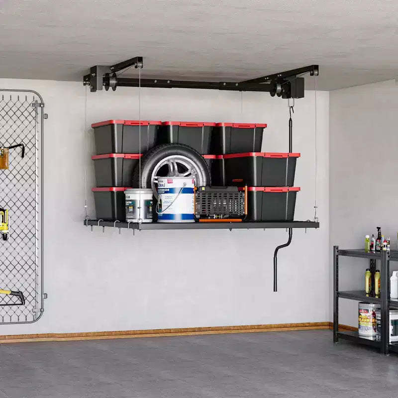 Adjustable Heavy-Duty Overhead Garage Storage Rack, Ceiling-Mounted with Safety Lock, 250 lb Capacity for Bins, Tools, Bikes, and Garage