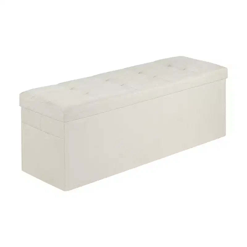 VEVOR Foldable Storage Ottoman Bench, End of Bed Bench with Side Bags, Folding Upholstered Storage Chest Supports 660 lbs, Linen Bed Ottoman, Beige