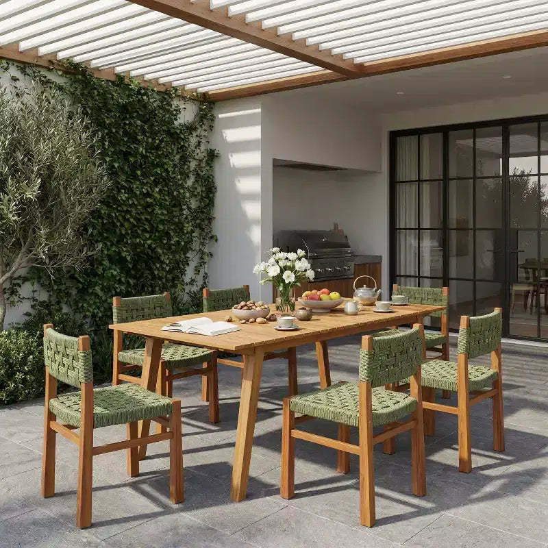 Christopher Knight Home Elvira 7 Piece Outdoor Rustic Woven Wicker Acacia Wood Dining Set