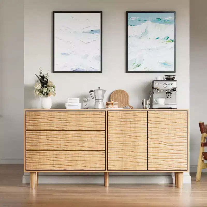 61 Mid Century Sideboard Buffet Cabinet with Undulating Groove - 3 Drawers & Adjustable Shelf for Kitchen Dining Living Room - Teak Brown