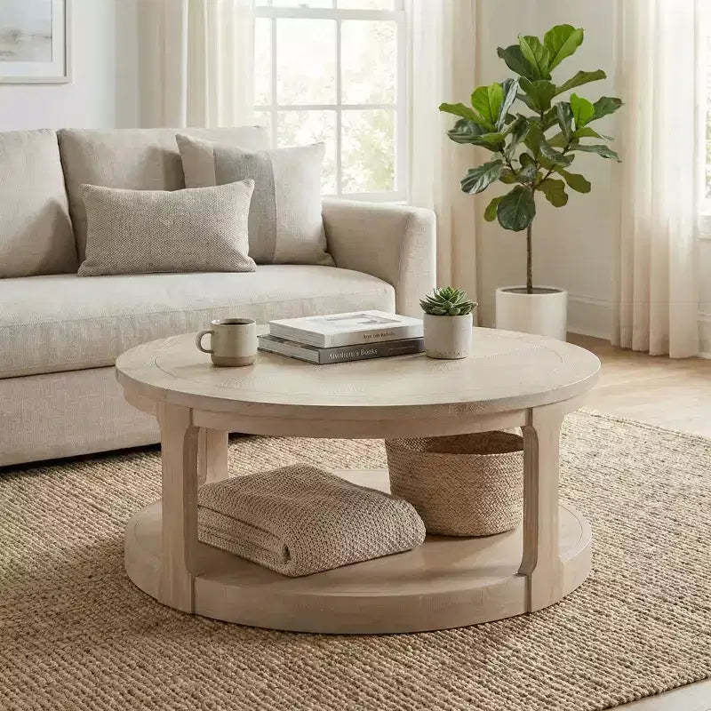 JVNOXK 40-inch oversized curved double-layer traditional round wooden center coffee table with casters, mid-century rustic style table