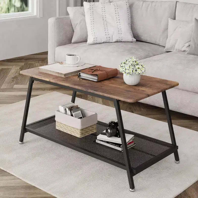 Coffee Table Farmhouse Center Table 2-Tier Industrial Living Room with Mesh Shelf Rectangle Wood Cocktail Table Metal Frame, Rustic Brown