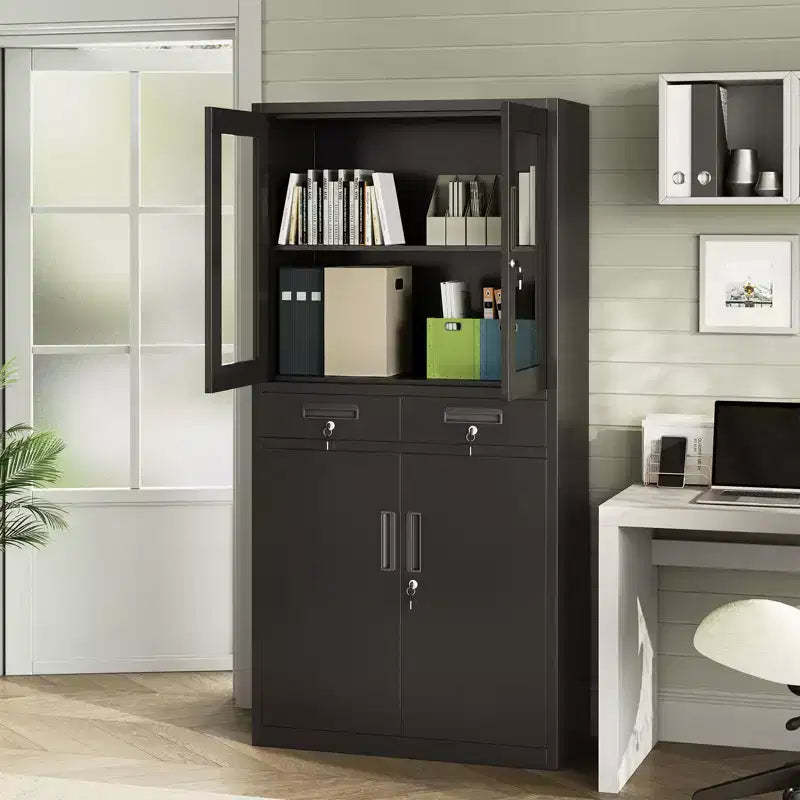71 Metal Storage Cabinet with Glass Doors, 2 Drawers & Adjustable Shelves, Heavy Duty Locking Steel Organizer for Garage, Office, Workshop, School