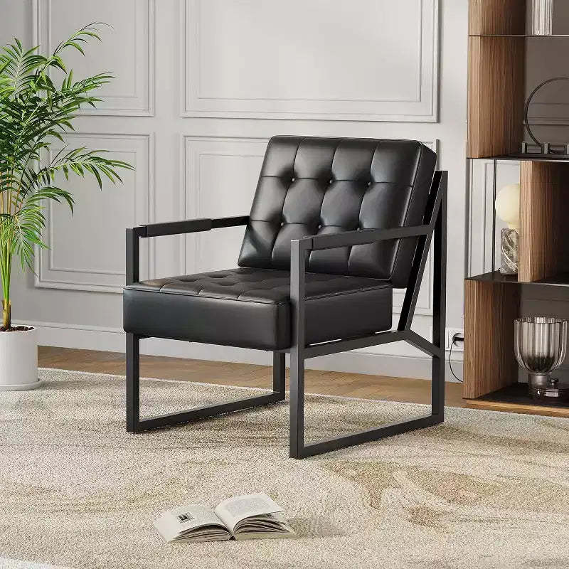 Mid Century Accent Chair, Faux Leather Armchair with Metal Legs, Comfortable and Stylish for Living Room, Bedroom, Reception, Durable Upholstery