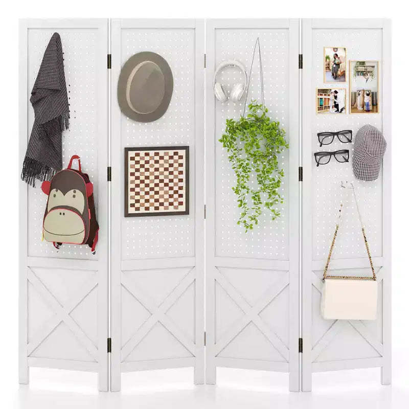 Costway 4-Panel Pegboard Display Stand, 4.7 FT Folding Room Divider, Freestanding Screen White/Natural
