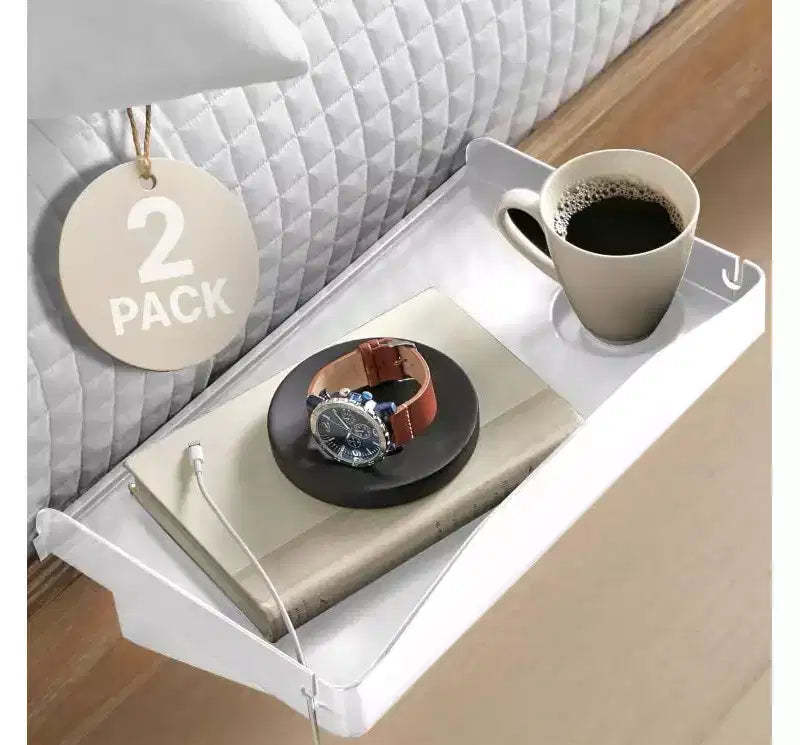 Modern Innovations 2 Count Bedside Organizer Clip On Tray with Cup and Cord Holder for College Dorm Top Bunk or Kids Bedroom White