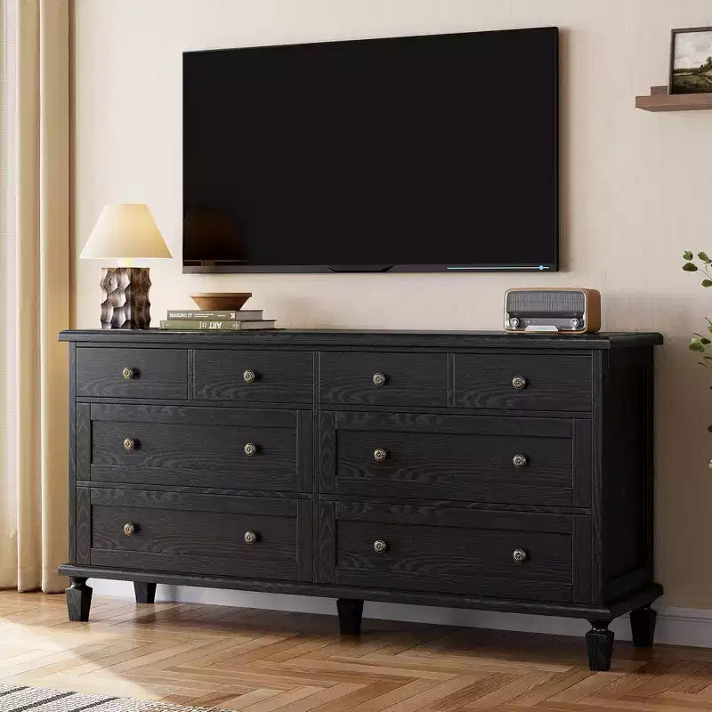 Vintage 8-Drawer Dresser,59 Long TV Stand for Bedroom with Carved Handles, Tapered Wooden Legs, Large Storage Capacity Wooden Chest of Drawers