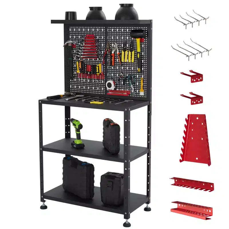 7-in-1 Workbench with Pegboard & 14 Hooks, Heavy Duty Metal Tool Table with Adjustable Shelves, Mobile Workstation for Garage, Workshop & Home Office