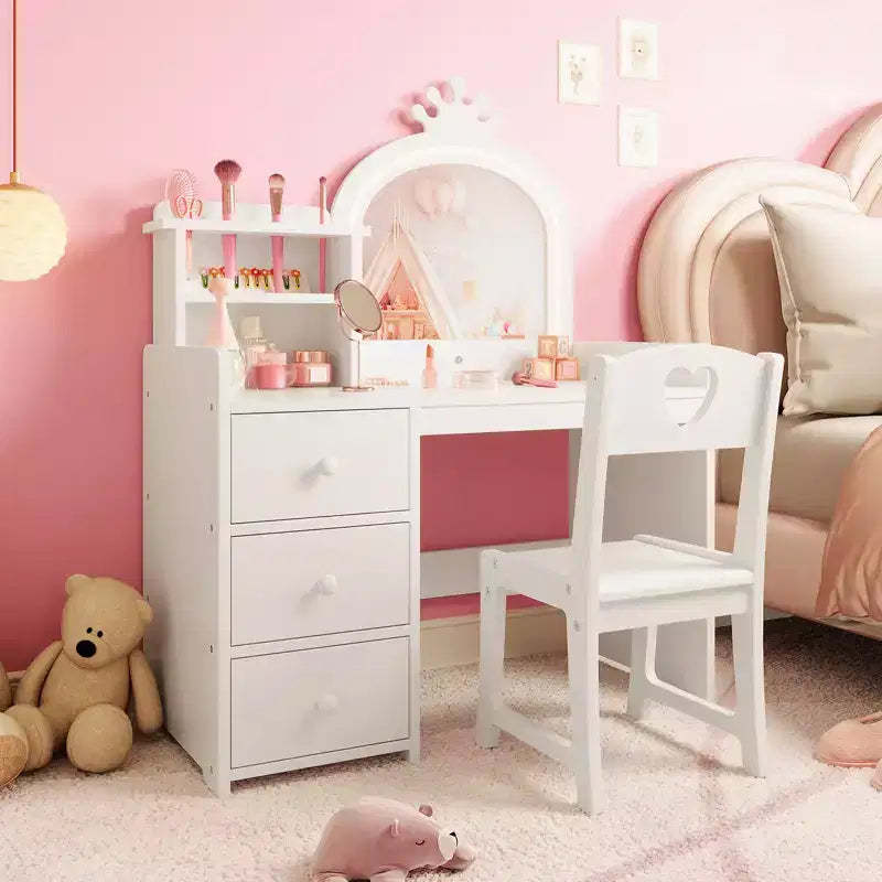 2-in-1 Girls Vanity Table & Study Desk with Lights & Mirror  Kids Wooden Makeup Vanity Set with Storage Shelves, Drawers&Chair, Perfect for Dressing