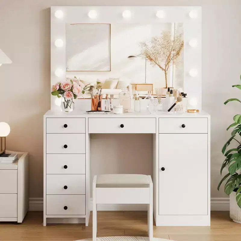 White Vanity Desk with Mirror & Lights, Modern Makeup Table with Charging Station & Drawers, Wooden Storage Vanity for Bedroom