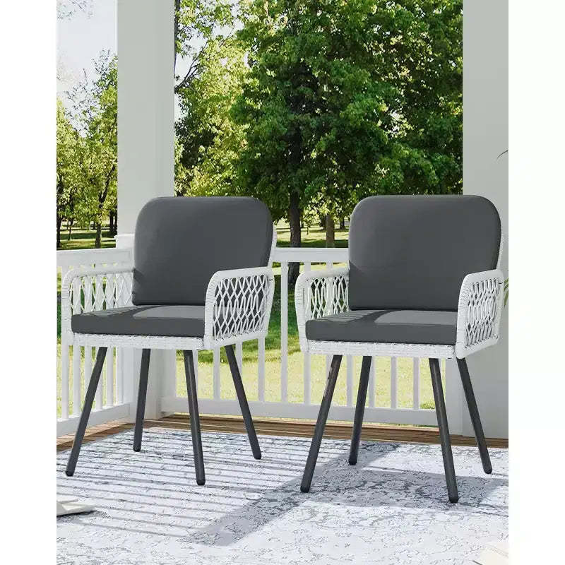 Set of 2 Modern Patio Dining Chairs,Black Metal Frame & White HandWoven Rattan Armchairs with Cushions for Indoor, Garden, Balcony, Deck, Backyard