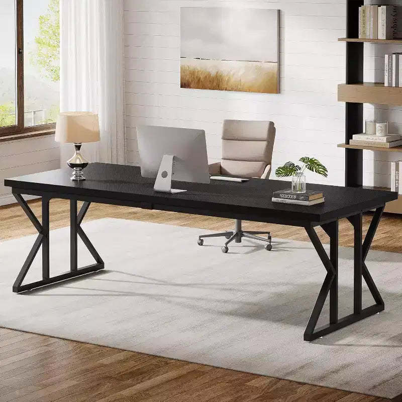 Lantine 78.74-Inch Large Executive Desk, Industrial Home Office Computer Desk, Simple Long Writing Study Table Business Furniture (Black)