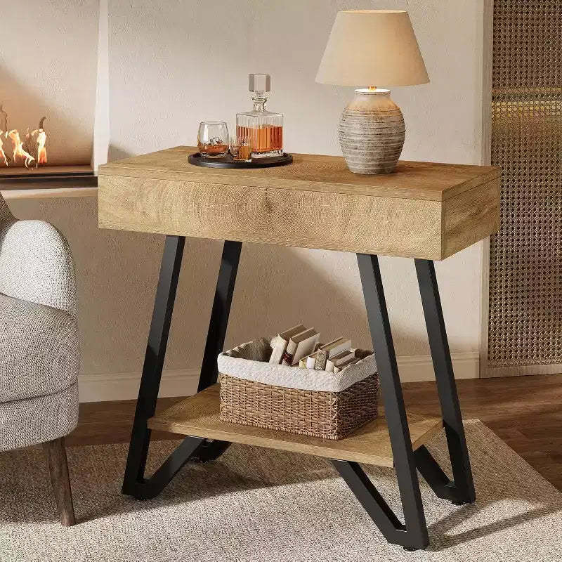Lantine End Side Table: Narrow design with storage shelves, suitable for living room, bedroom, small spaces; natural finish.