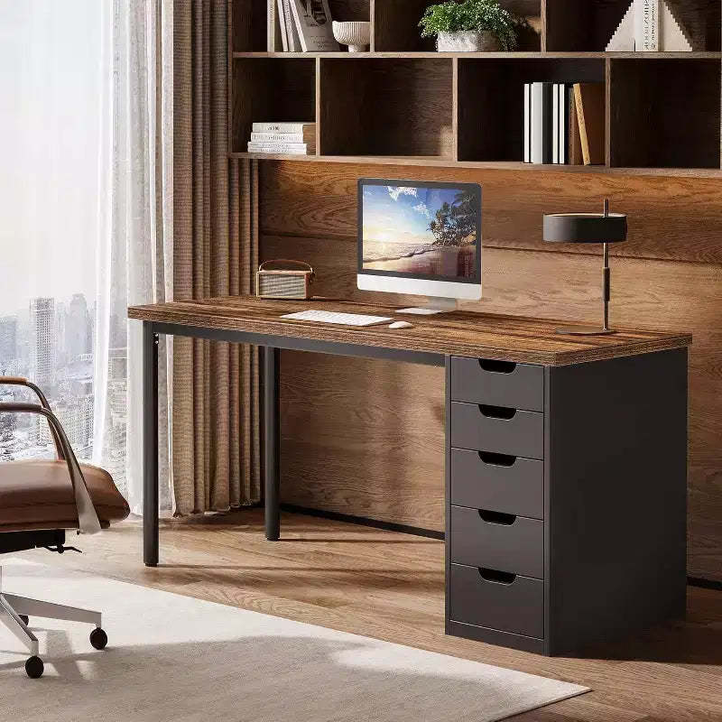 Lantine 47-Inch Modern Computer Desk, PC Desk with 5 Reversible Drawers, Study Writing Table for Home Office Small Spaces, Brown & Black
