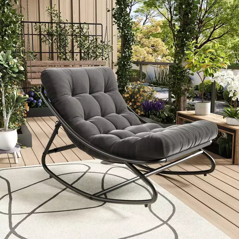 Egg-Shaped Papasan Rocking Chair with Cushion - 450 lbs Capacity, E-Coated Iron Frame, Indoor/Outdoor Recliner for Living Room, Patio, Porch, Garden