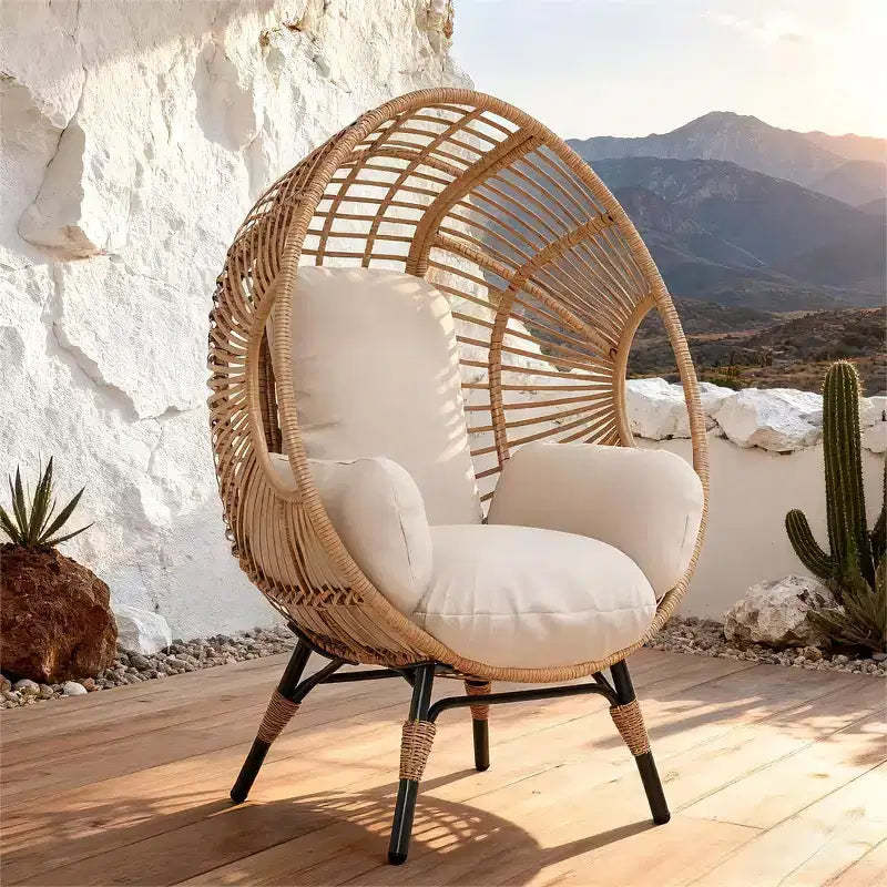 Whisen Outdoor Arc Back Hanging Egg Chair, Patio PE Rattan Swing Chair with Cushion - Natural