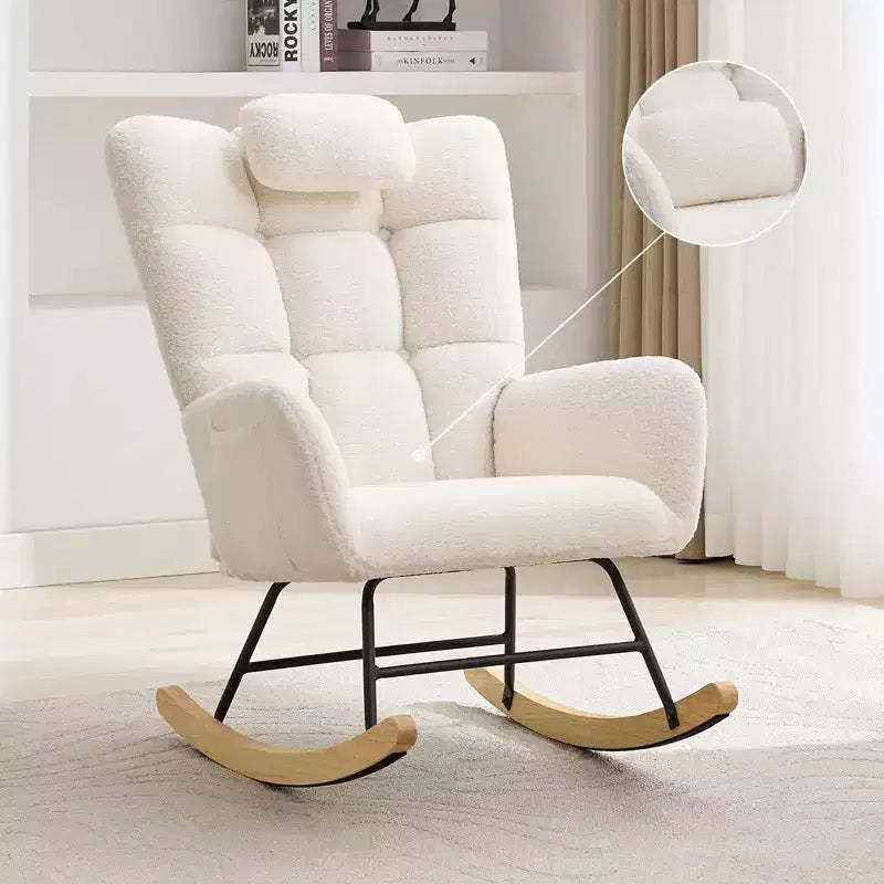 Nursery Rocking Chair with Ottoman, Teddy Upholstered Glider Rocking Chair with High Backrest, Armchair Reading Chair for Adults