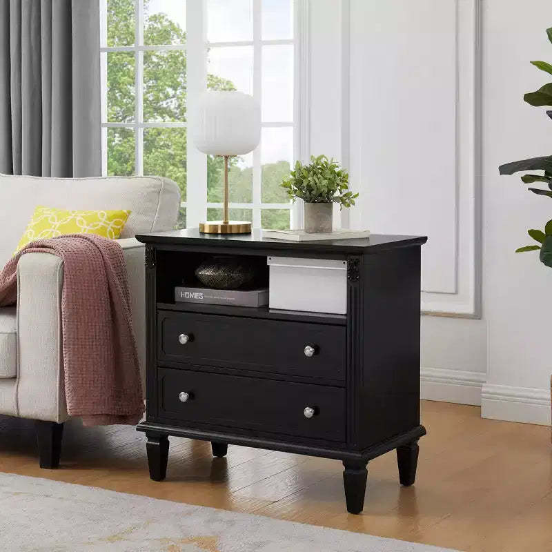 Mid-Century Modern Nightstand with Charging Station LED/Night Light 2-Drawer Fluted Design Lockable Solid Wood (W1693P216933)