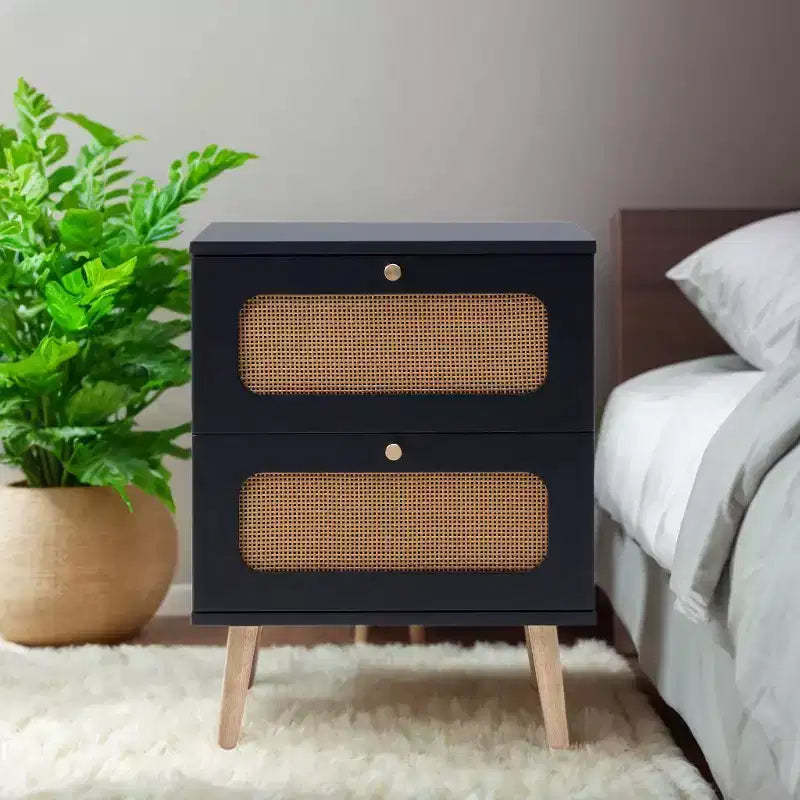 Mid-Century Modern Nightstand LED/Night Light Drawer Storage Door Cabinet Rattan Detail Wood & Rattan (W2282P220561)