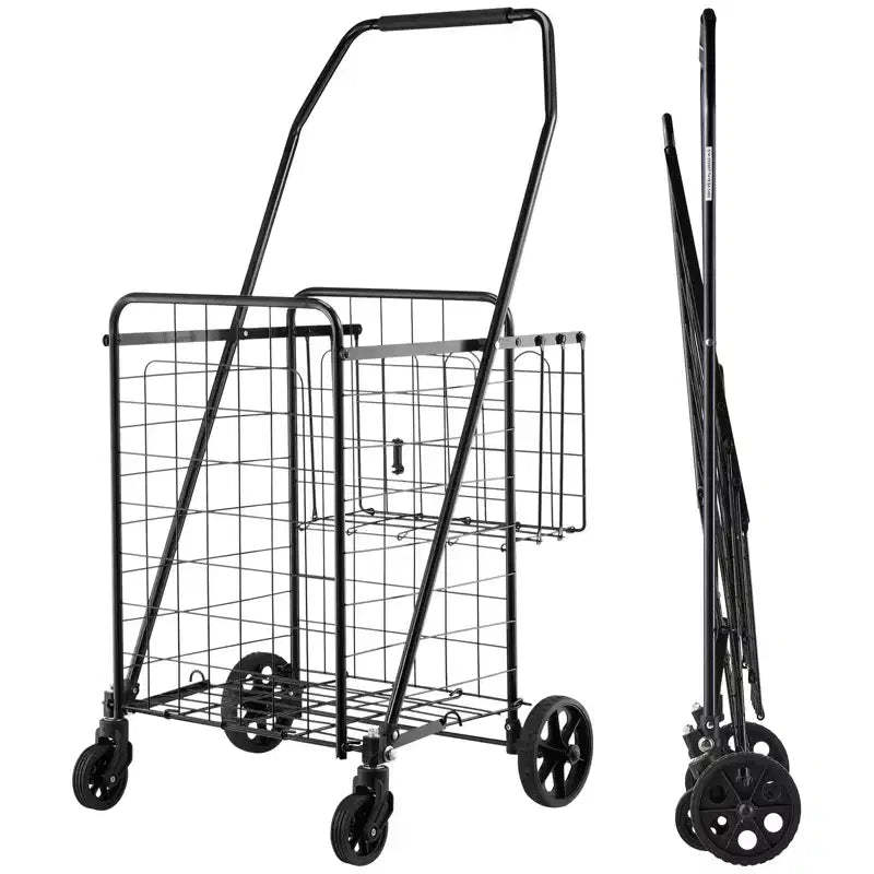 VEVOR Shopping Cart, Folding Grocery Utility Cart with Dual Baskets, Waterproof Liner & Wheels, 100 LBS Large Load Capacity, Black