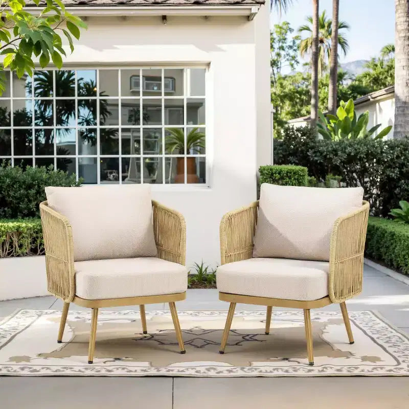 All-Weather Rattan Patio Chairs Set of 2, PE Wicker Barrel Club Chairs with 4 Thick Cushions for Porch, Deck, or Backyard-Panipeachy