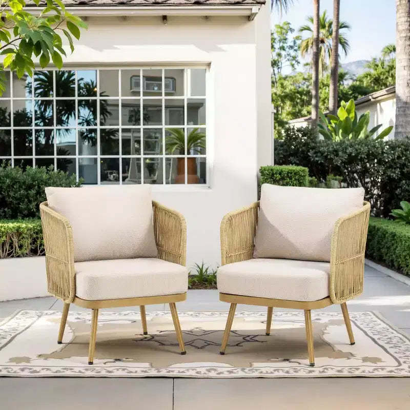 All-Weather Rattan Patio Chairs Set of 2, PE Wicker Barrel Club Chairs with 4 Thick Cushions for Porch, Deck, or Backyard-Panipeachy