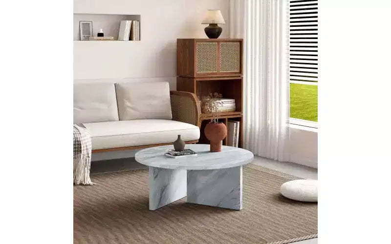 Modern Round Coffee Table, Faux Marble Top with Minimalist Nordic Design, Versatile for Living Room, Home Office, or Bedroom - White