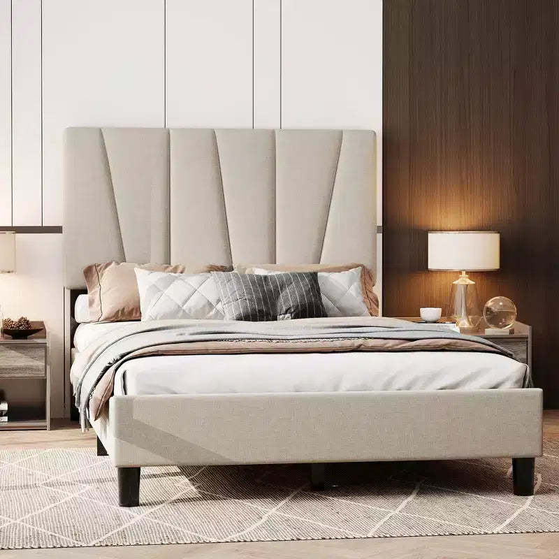 Twin Platform Bed Frame with Adjustable Linen Upholstered Headboard, Strong Wooden Slats, Mattress Foundation, No Box Spring Needed & Easy Assembly