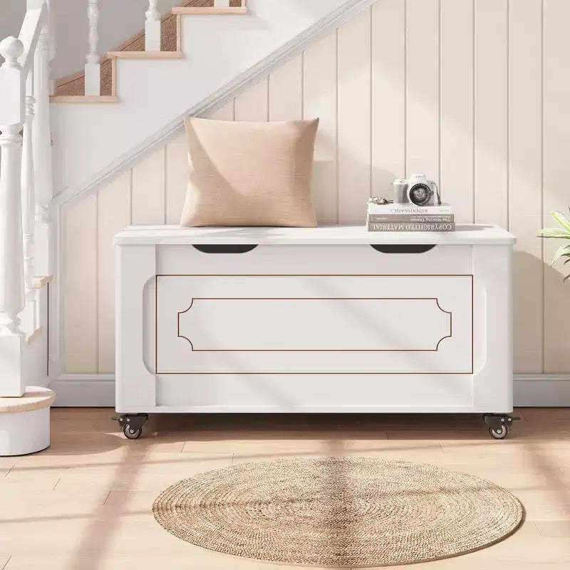 Practical storage bench  100cm wooden shoe rack with wheels, 2 safety hinges, sturdy structure, and a load-bearing capacity of up to 160kg.