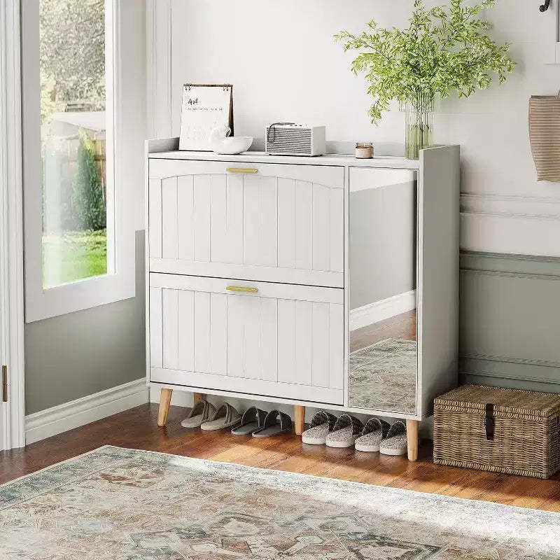Shoe cabinet with mirror, two flip-top drawers and side storage cabinet; freestanding design with adjustable shelves; hallways and bedrooms.