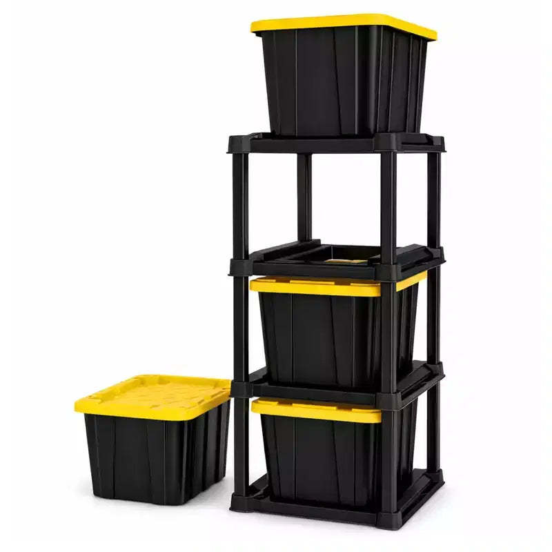 Sterilite 4 Tier Tote Rack Organizer with 4 Pack 27 Gal Industrial Storage Totes