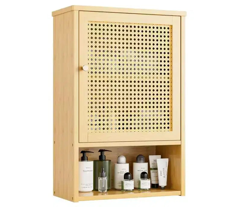Bamboo Bathroom Wall Cabinet with Rattan Doors, Over Toilet Storage with Adjustable Shelf, Space-Saving Medicine Cabinet for Kitchen Living Room