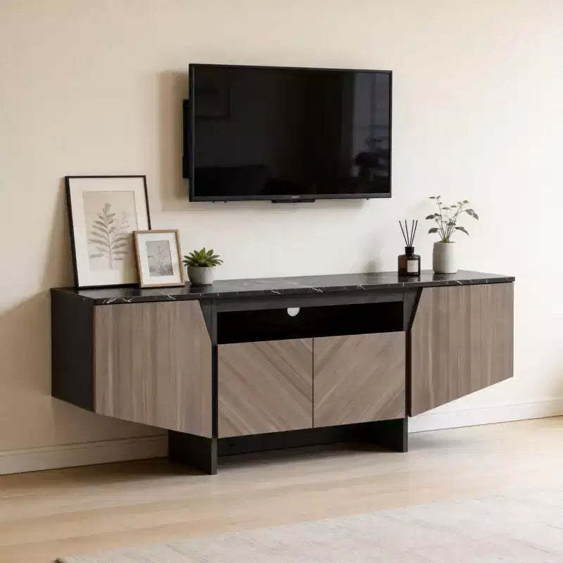 CuisinSmart 63''L Mid Century Modern TV Stand with Opening-Shelf Storage, Under TV Cabinet with 4 Doors, Wooden TV Stands for Living Room Apartment