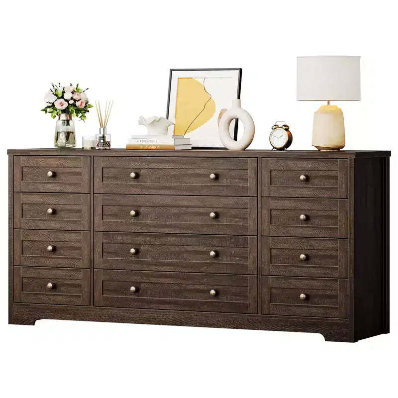 Modern 12-Drawer Sturdy Wood Dresser for Bedroom  63 Wide Chest of Drawers & TV Stand  Deep Storage Cabinet  Ideal for Living Room, Hallway