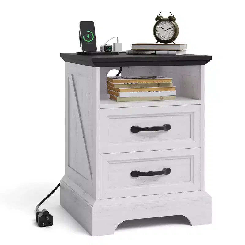 Modern Farmhouse Bedside Tables - 18 Wide with Charging Station (USB/Outlets) & 2 Drawers, Rustic White+Black