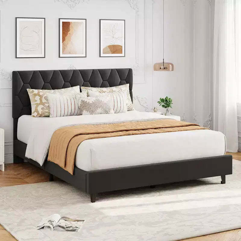 Coolmee Adjustable Upholstered Headboard Platform Bed, Modern Bed Frame with Wooden Slats & Triangular Feet, Easy to Assemble