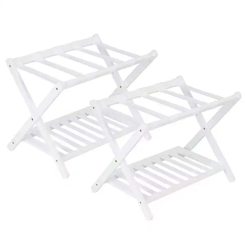2-Pack Folding Bamboo Luggage Rack with 2-Tier Shelf  Premium White Suitcase Stand Holds 150 lb for Bedrooms & Hotels