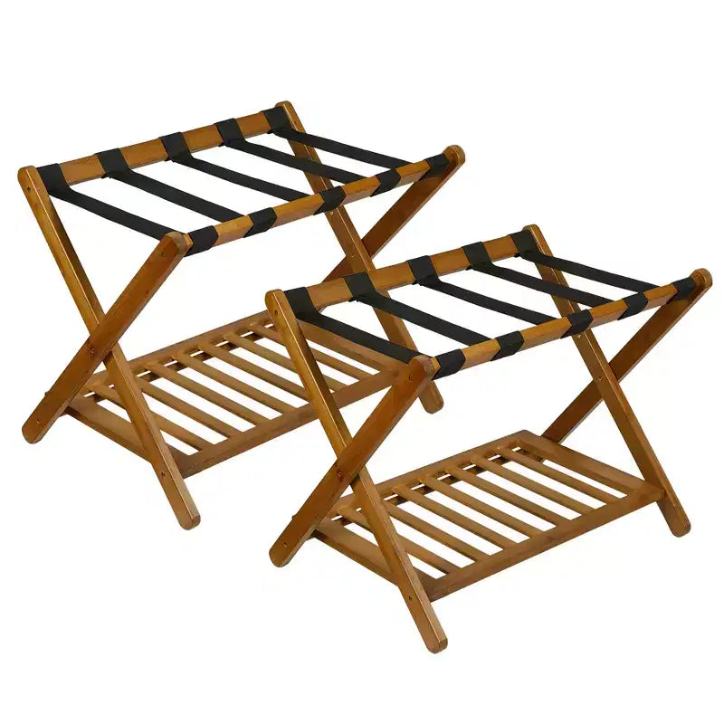 2-Pack Folding Bamboo Luggage Rack with 2-Tier Shelf  Heavy-Duty Walnut Suitcase Stand for Guest Rooms & Hotels