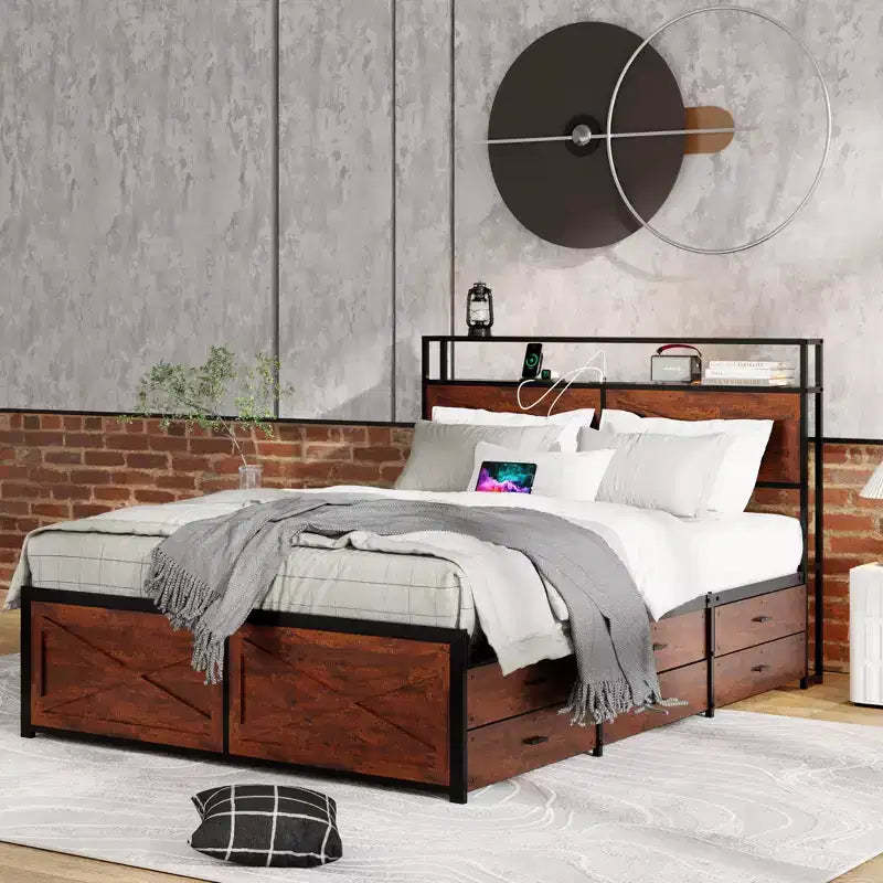 Queen/King Size Platform Bed with Storage Headboard and Storage Drawers, Platform Bed Frame with Metal Slats Support, Rustic Brown