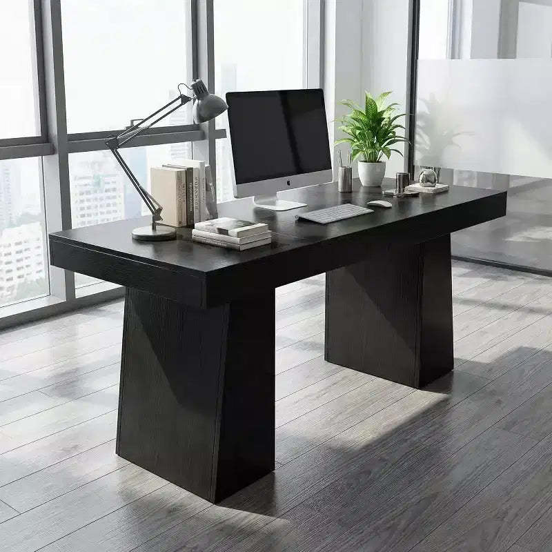 55 Mid-Century Modern Executive Desk, Wood with Double Trapezoid Base, Home Office Workstation, Business Furniture, Black